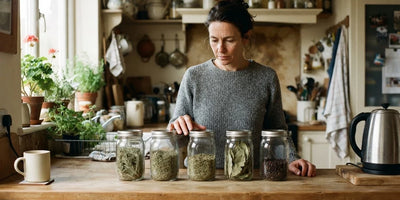 A woman looking along a row of plain jars of dried herbs on her kitchen counter