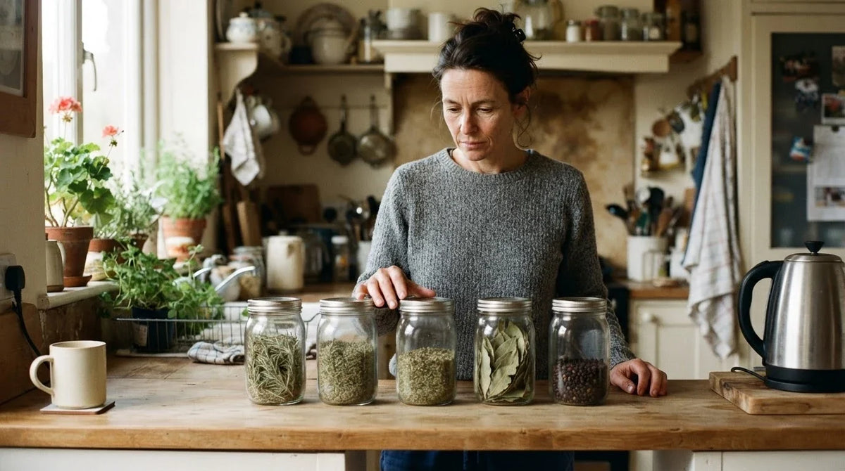 A woman looking along a row of plain jars of dried herbs on her kitchen counter