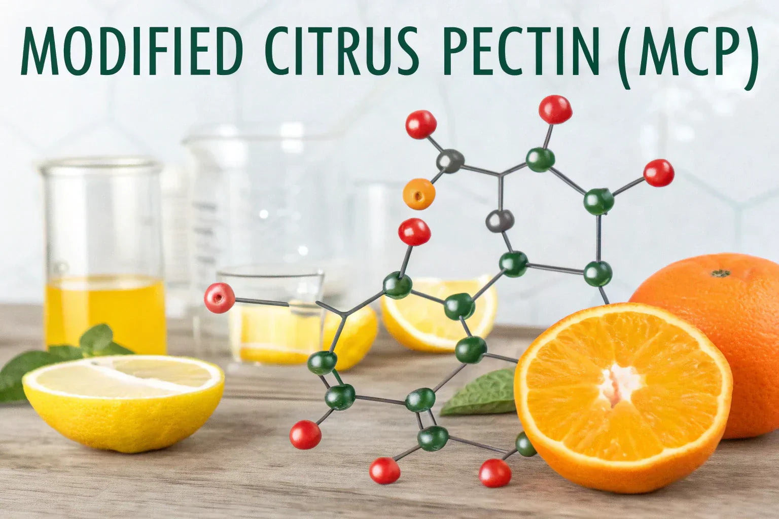 A molecular model representing Modified Citrus Pectin (MCP) on a wooden table in front of laboratory beakers, surrounded by fresh oranges and lemons.