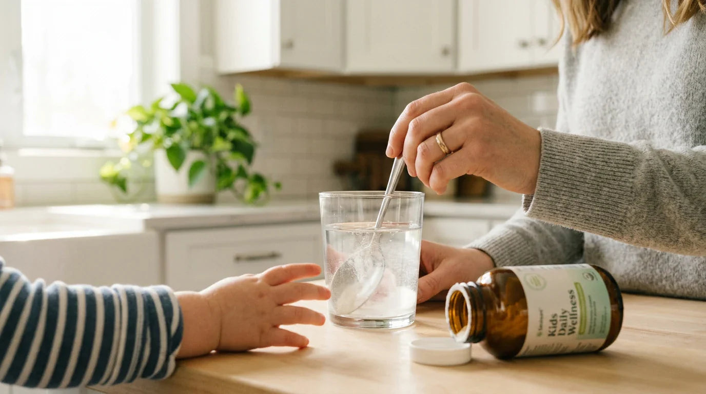 Enfant prenant un supplément en poudre mélangé à du jus — contexte de sécurité de la pectine d'agrumes modifiée pour les enfants