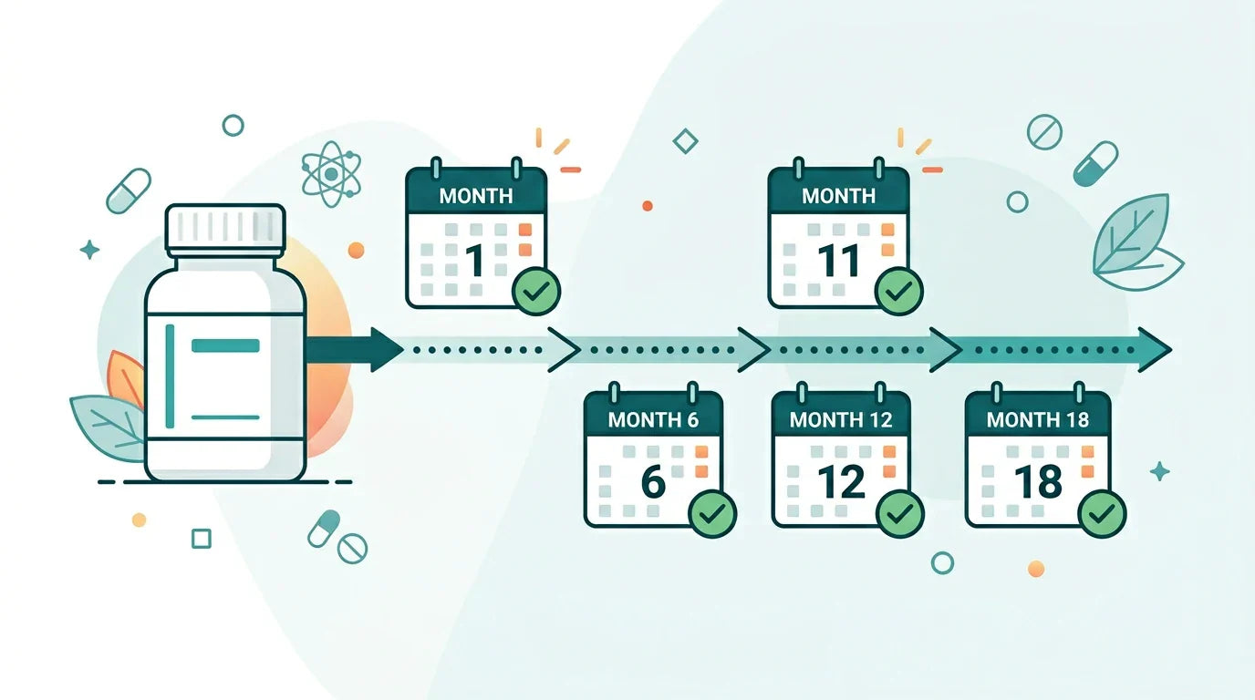 Modified citrus pectin supplement bottle with a calendar showing months — long-term supplementation concept