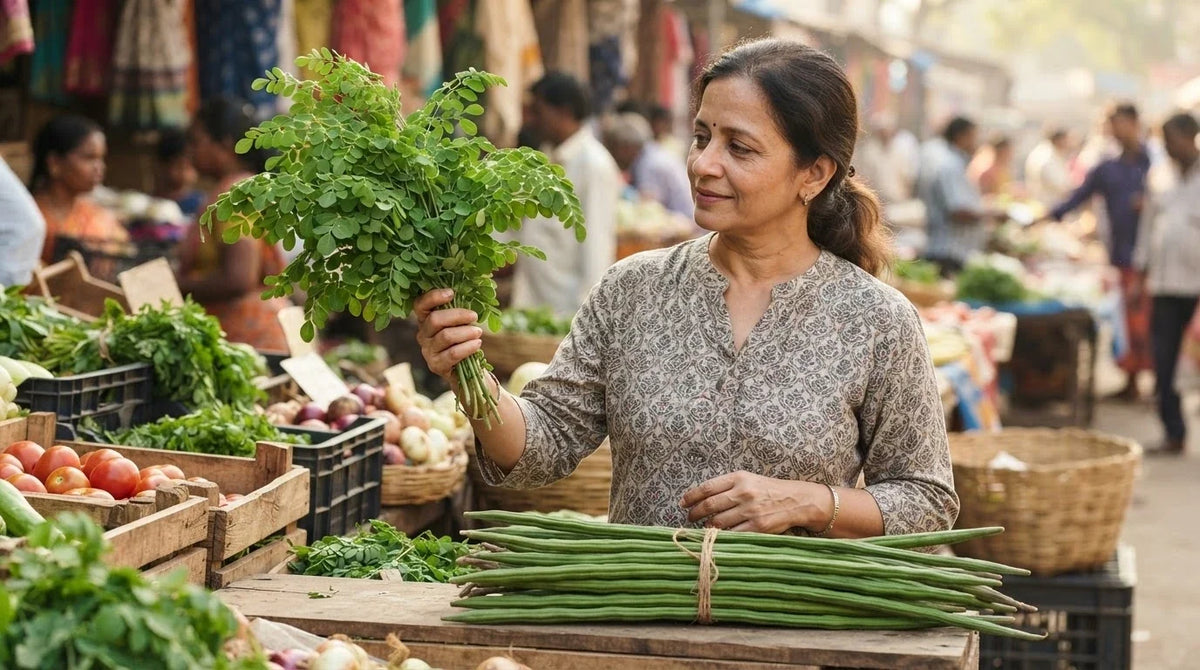 A woman at a market stall holding a bundle of fresh moringa branches beside drumstick pods