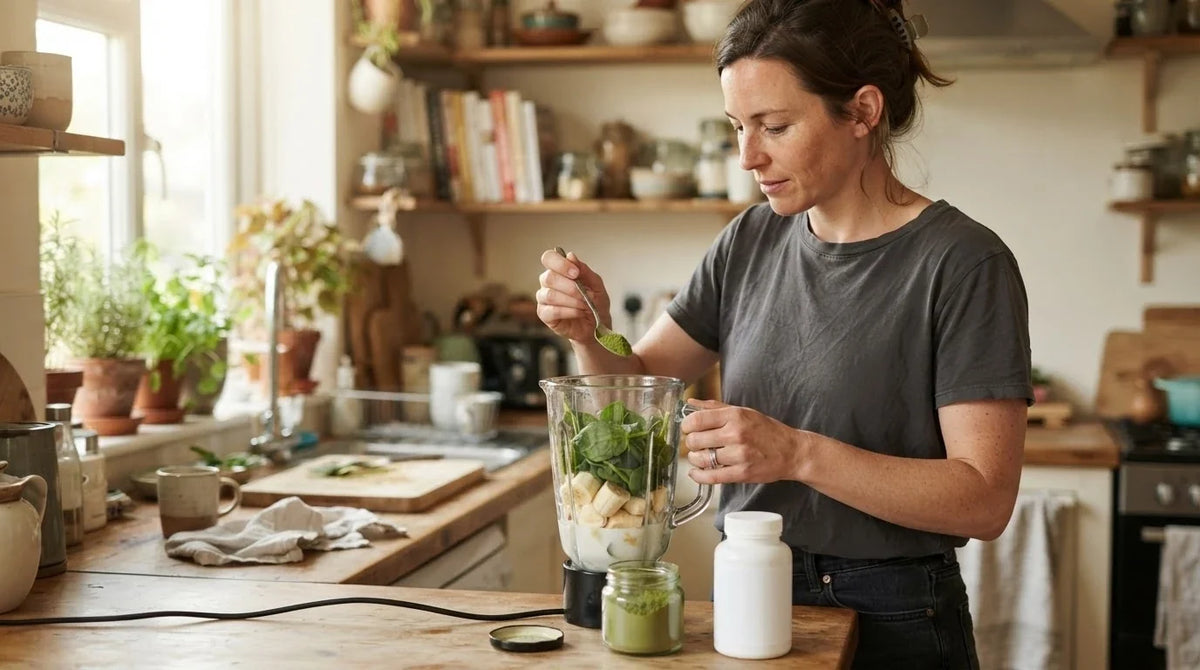 A woman spooning green moringa powder into a blender at her kitchen counter