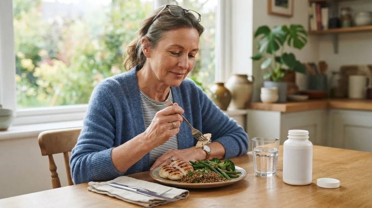A woman eating a balanced lunch at her kitchen table with a plain supplement bottle beside her plate