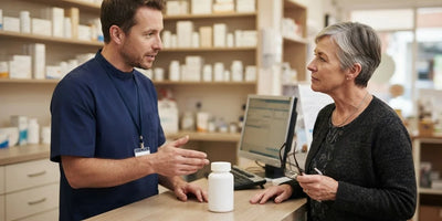 A pharmacist explaining something to an older woman about a plain supplement bottle