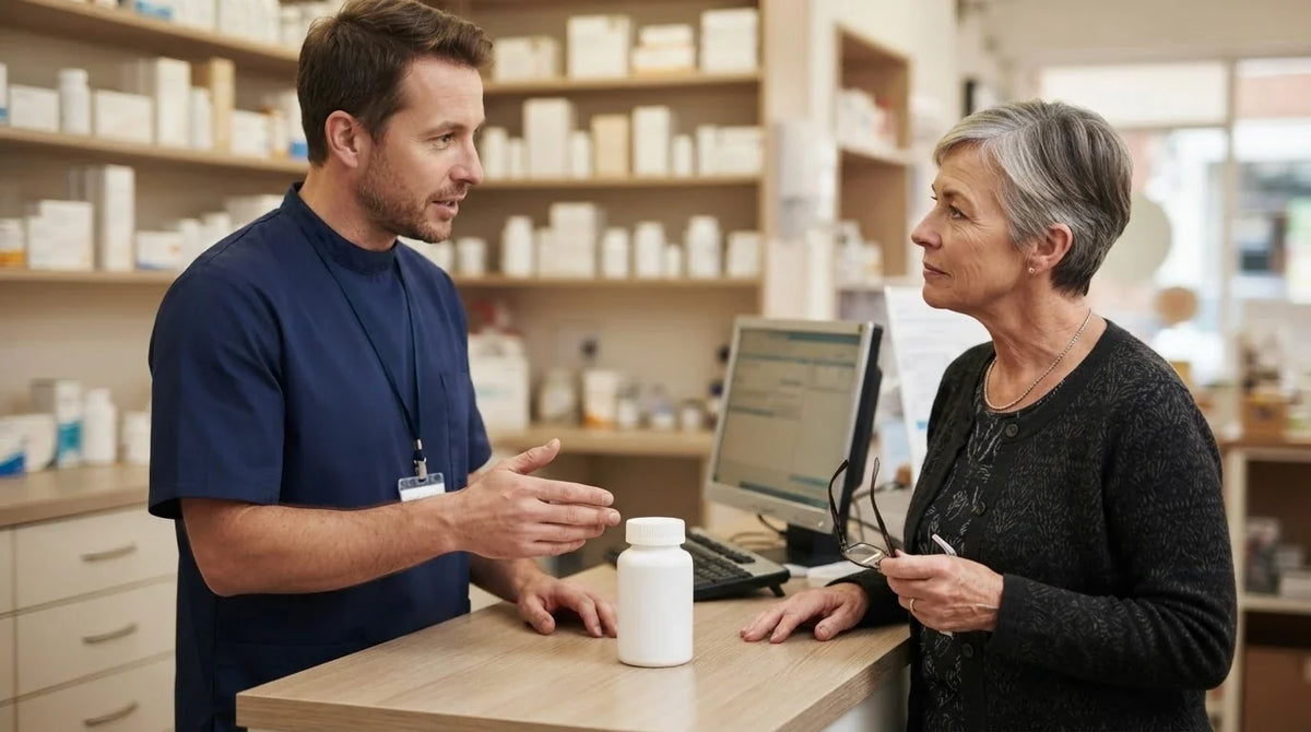 A pharmacist explaining something to an older woman about a plain supplement bottle