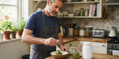 A man stirring green moringa powder into a bowl of yoghurt at his kitchen counter