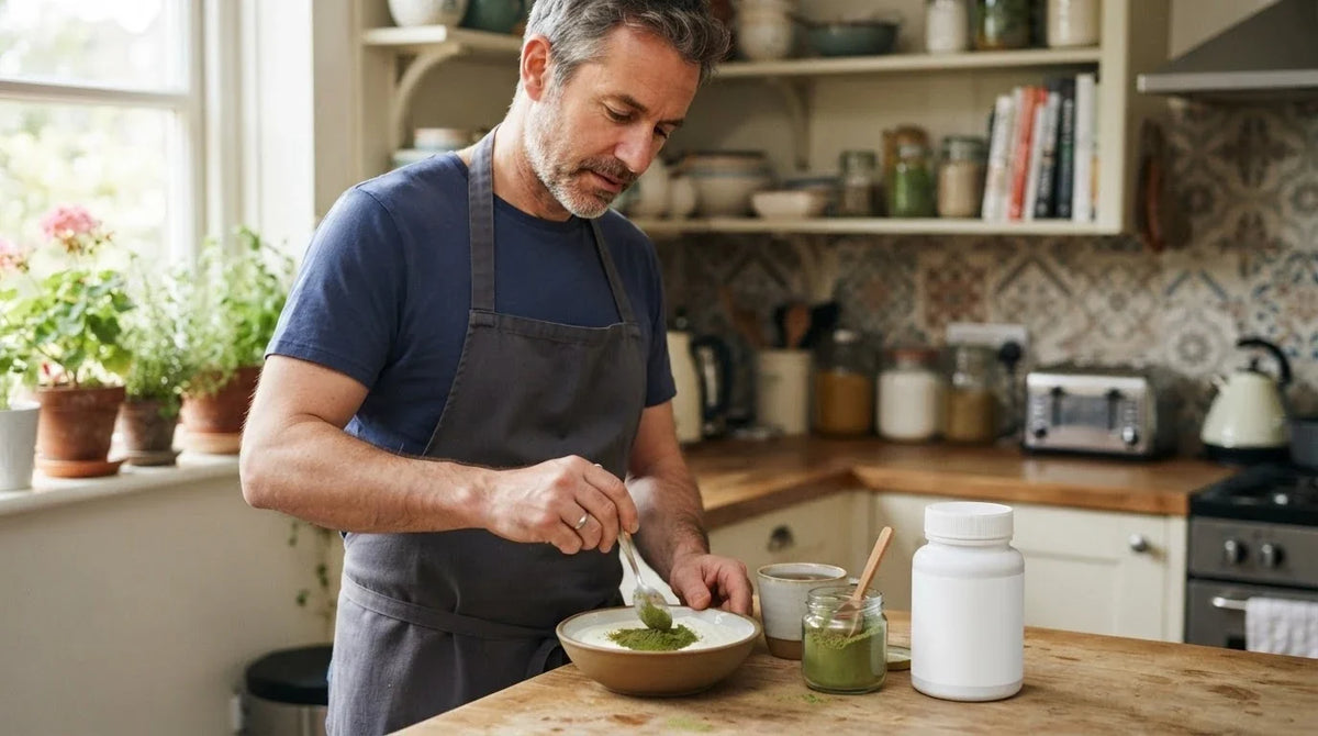A man stirring green moringa powder into a bowl of yoghurt at his kitchen counter