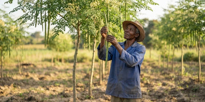 A farmer under a moringa tree holding a long drumstick pod
