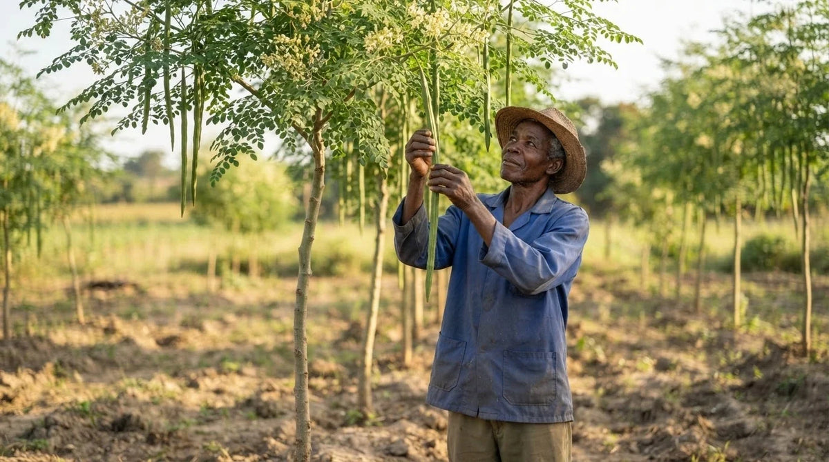 A farmer under a moringa tree holding a long drumstick pod
