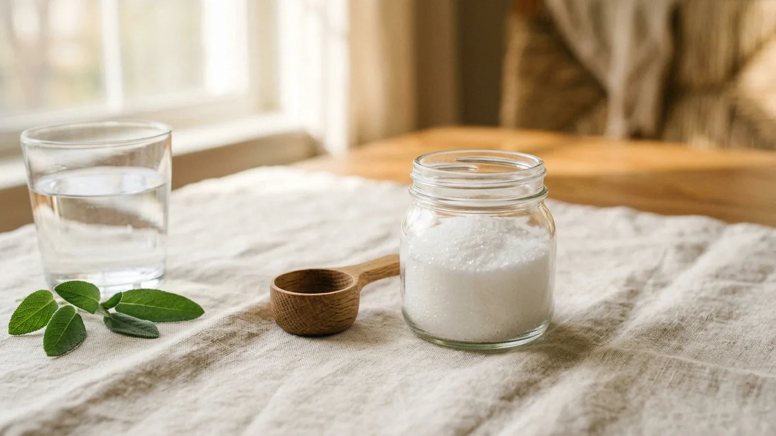 Glass jar of crystalline white MSM powder with wooden scoop on a soft linen surface