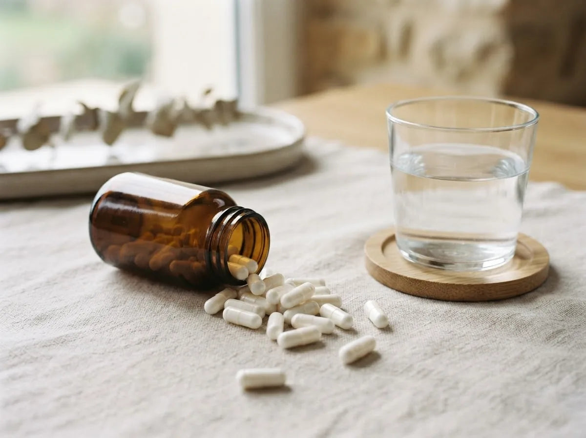 White NAC (N-acetyl cysteine) capsules beside a glass of water