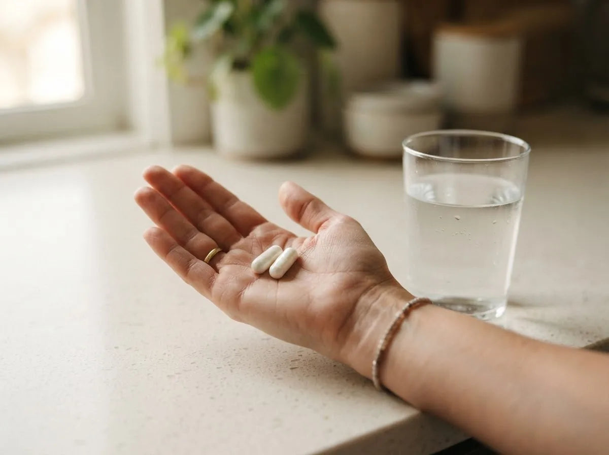 Two NAC capsules in a palm illustrating a daily dose