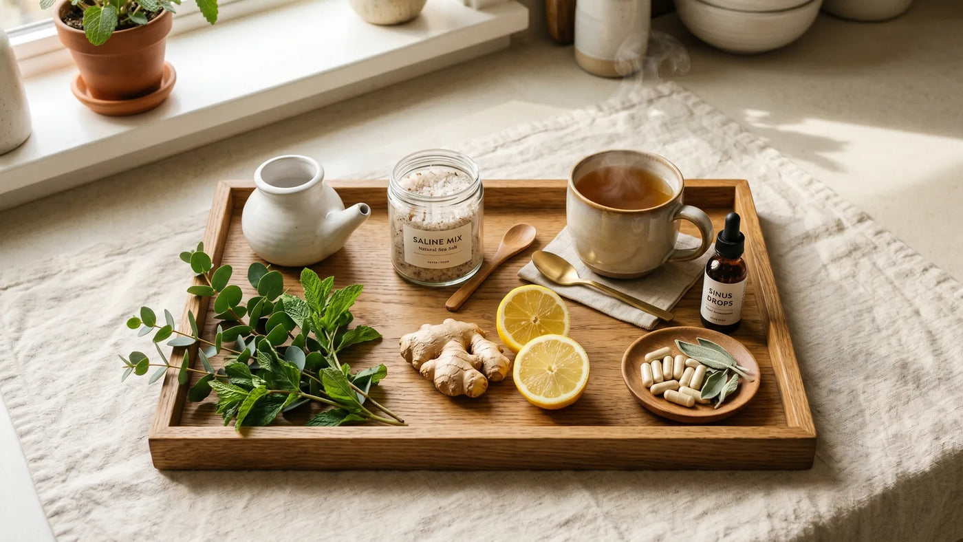 Wooden tray of natural sinus remedies — neti pot, eucalyptus, ginger, herbal capsules, ceramic mug — on warm kitchen counter
