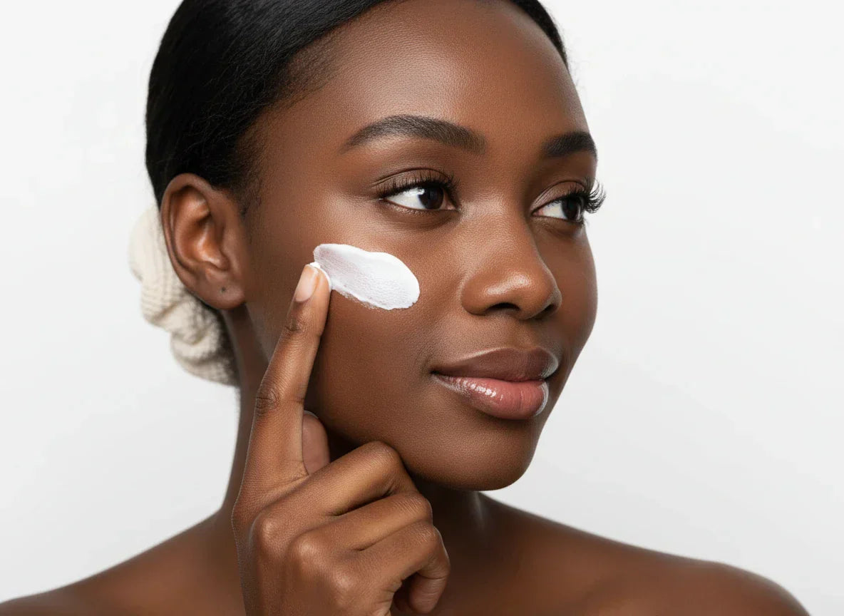 Close-up of Black woman with radiant skin gently applying white moisturizer. Serene, natural beauty for skincare.