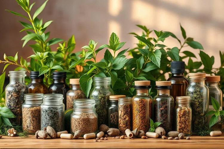 An assortment of herbal supplements in clear and amber glass jars with cork stoppers, displayed on a wooden table. The jars contain dried herbs, powders, and roots, with lush green plants providing a natural backdrop.