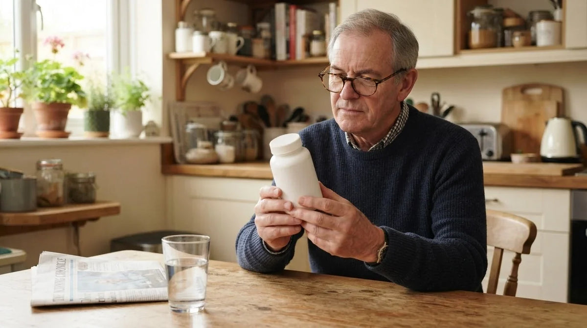 A man at his kitchen table reading the back of a plain supplement bottle