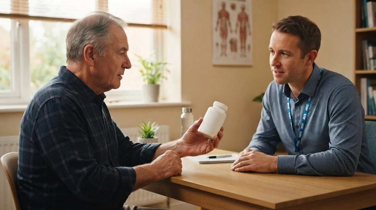 A man holding out a plain supplement bottle for a clinician to see across a desk