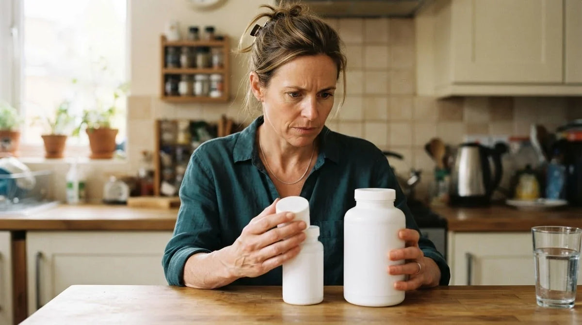 A woman comparing two plain supplement bottles of different sizes on her kitchen counter