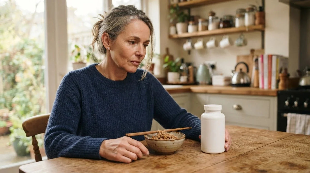 A woman at her kitchen table with a bowl of natto and a plain supplement bottle beside it
