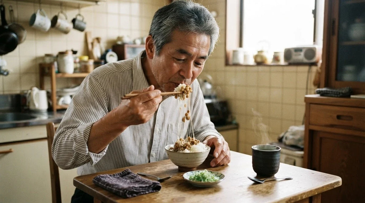A man lifting natto over rice with chopsticks, sticky threads stretching from the bowl