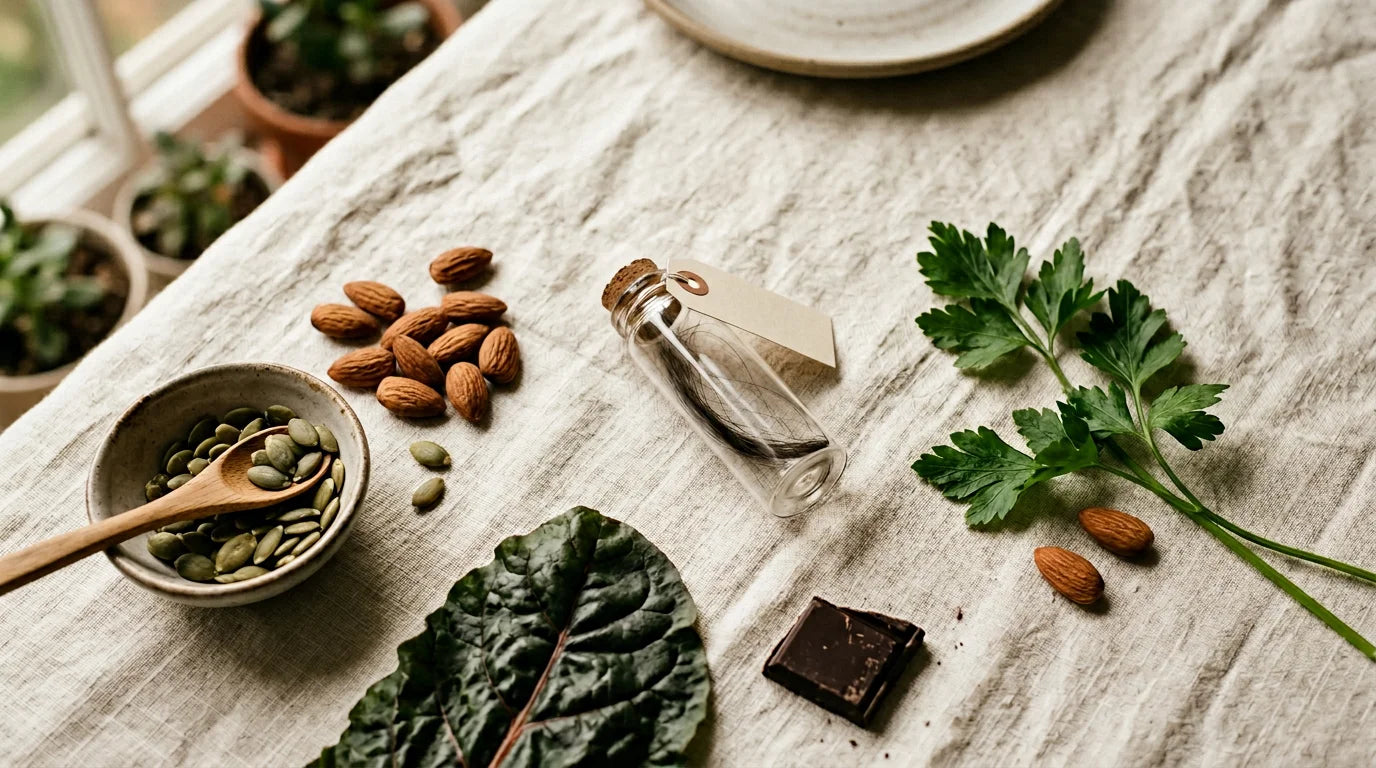 Assortment of mineral-rich whole foods beside a glass vial of hair strands on pale linen — nutritional deficiency testing
