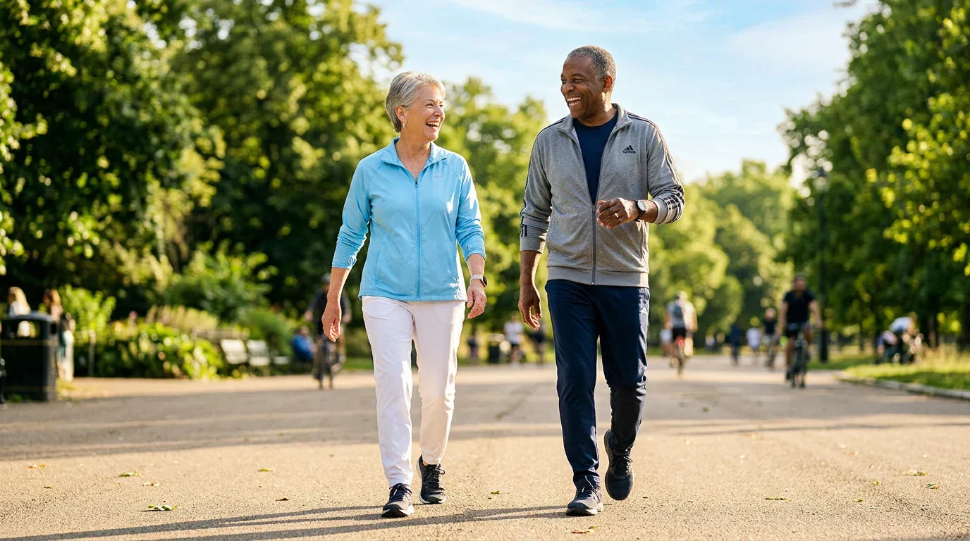 Un couple de personnes âgées actives se promenant au soleil — risque de carence en vitamine D chez les seniors