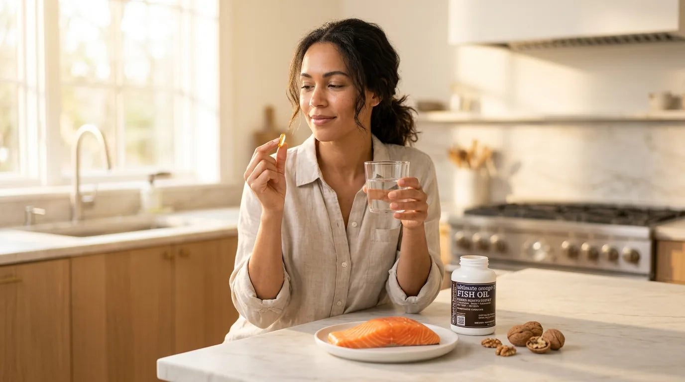 Woman taking a golden omega-3 fish oil softgel with a glass of water