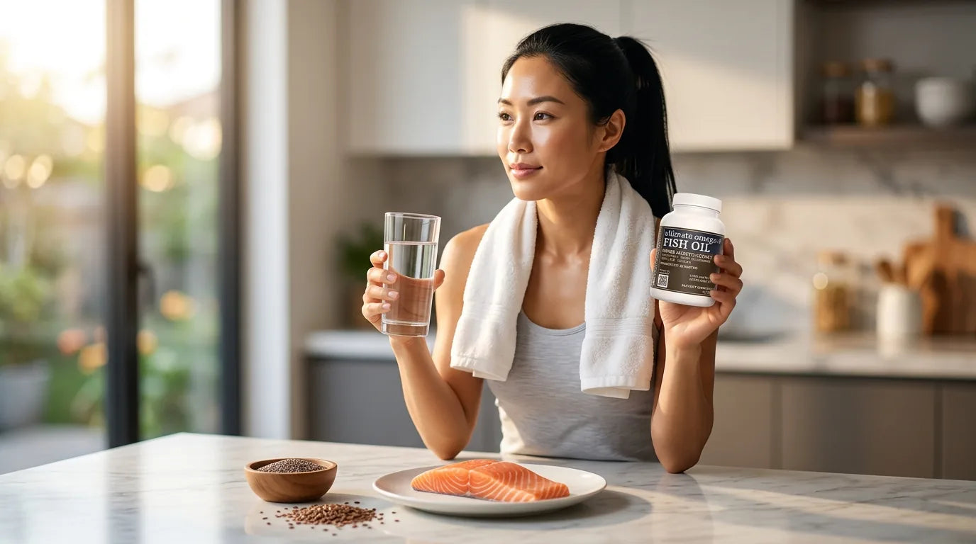 Active healthy woman after exercise holding an omega-3 supplement