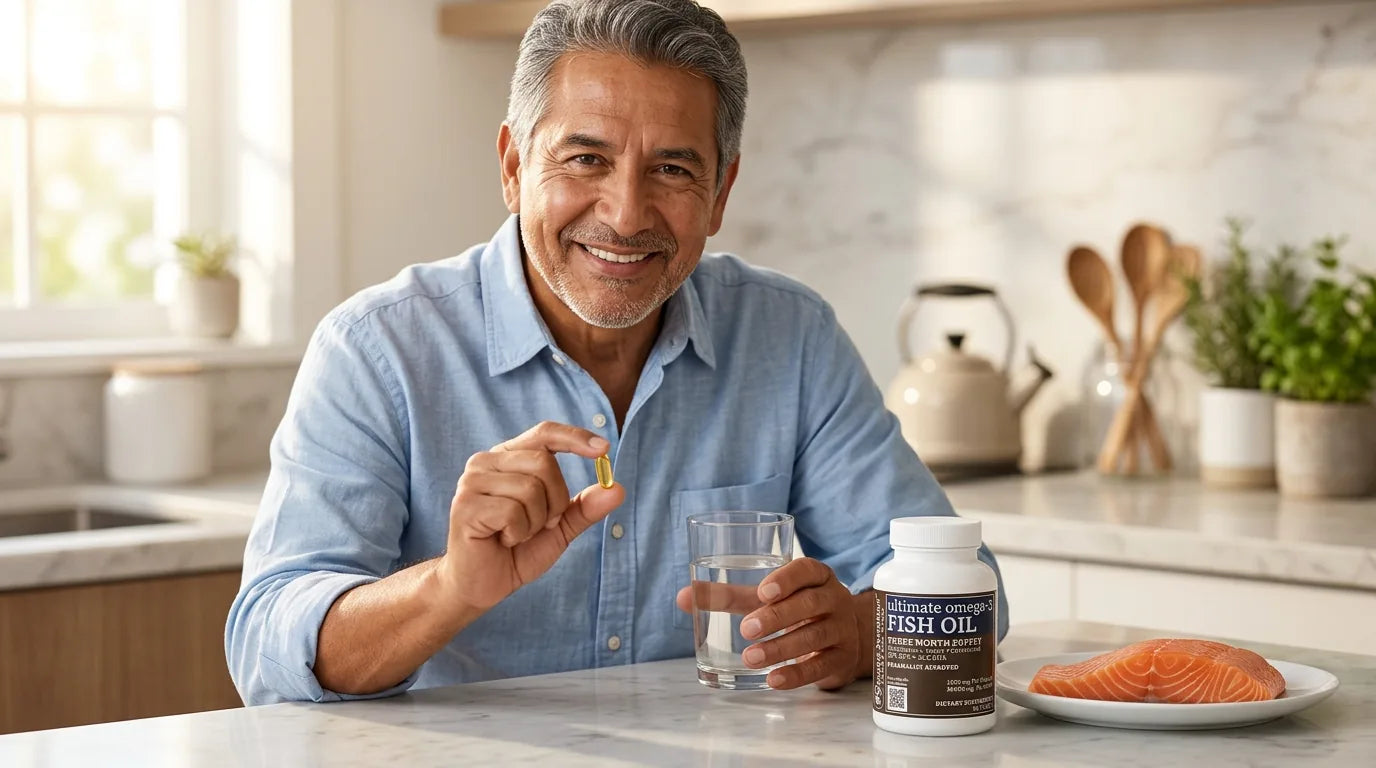 Smiling older adult taking an omega-3 softgel for heart health