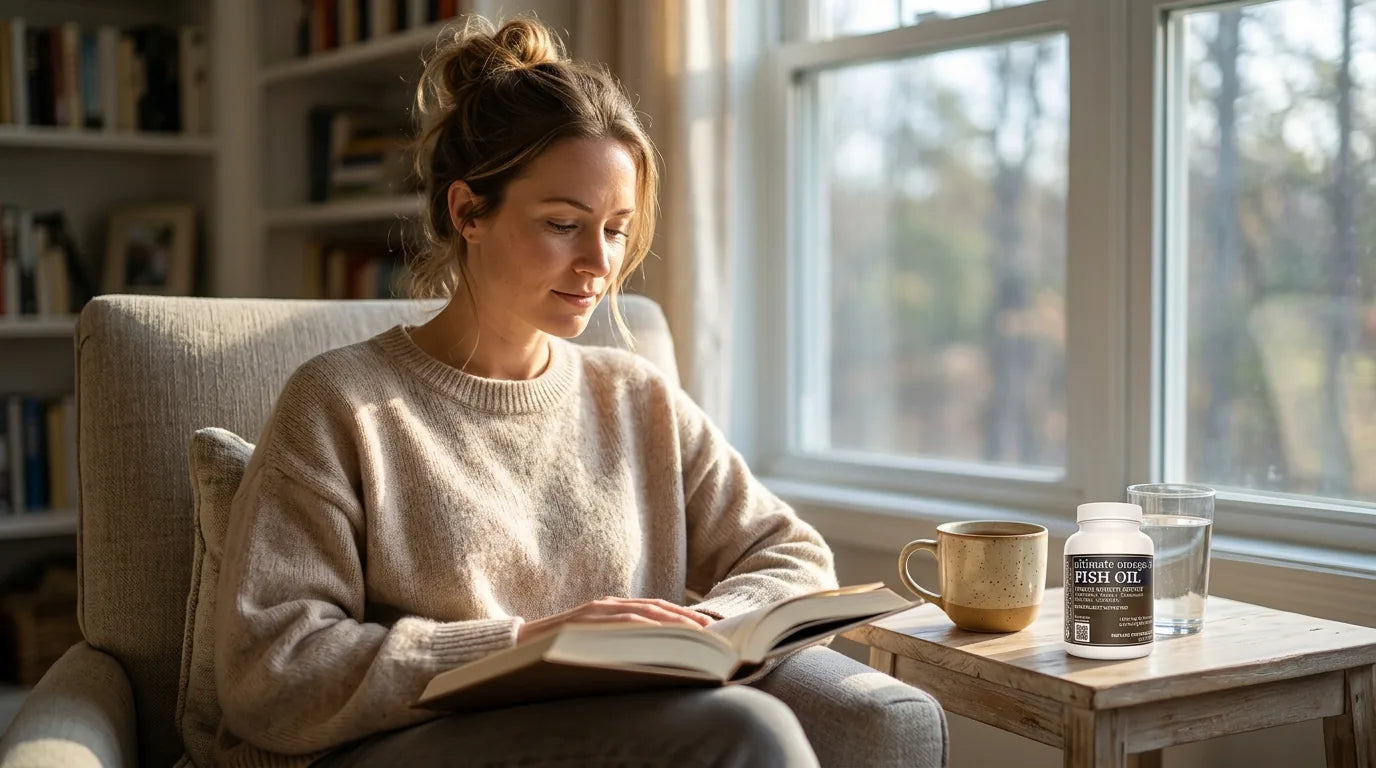 Calm focused woman reading by a window with an omega-3 supplement
