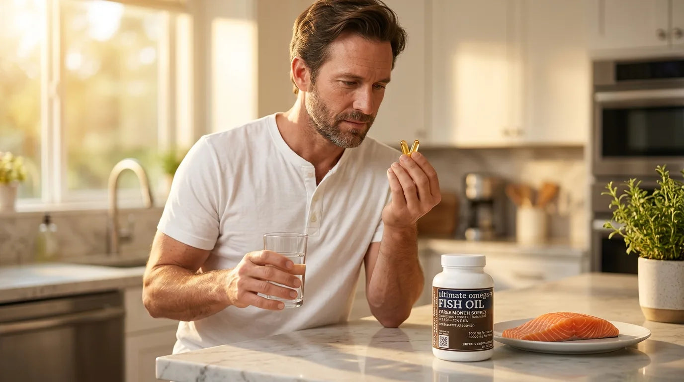Man measuring his daily omega-3 softgel dose with water