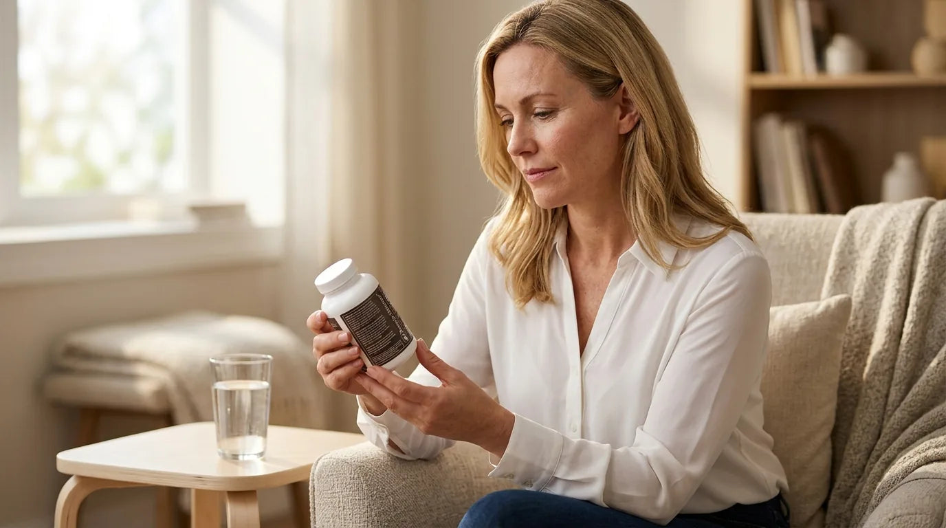 Woman reading an omega-3 fish oil bottle label for safety