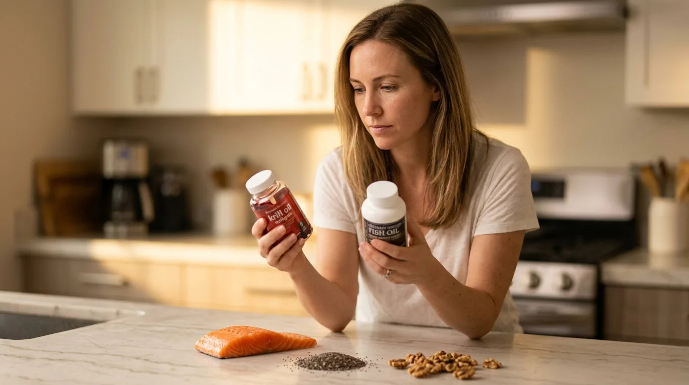 Person comparing a krill oil bottle and a fish oil bottle