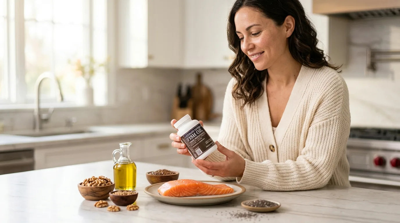 Woman holding an omega 3-6-9 supplement bottle in a bright kitchen