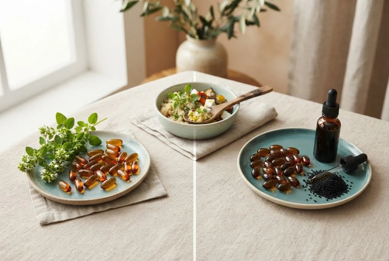 Oregano oil capsules and black seed oil softgels side by side — how to combine and when to take them