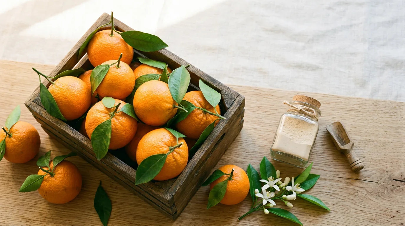 Organic oranges with leaves on a wooden crate beside modified citrus pectin powder
