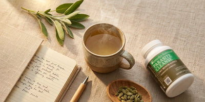 Wellness flat-lay with herbal tea, supplement bottle and dried herbs — parasite cleanse for women