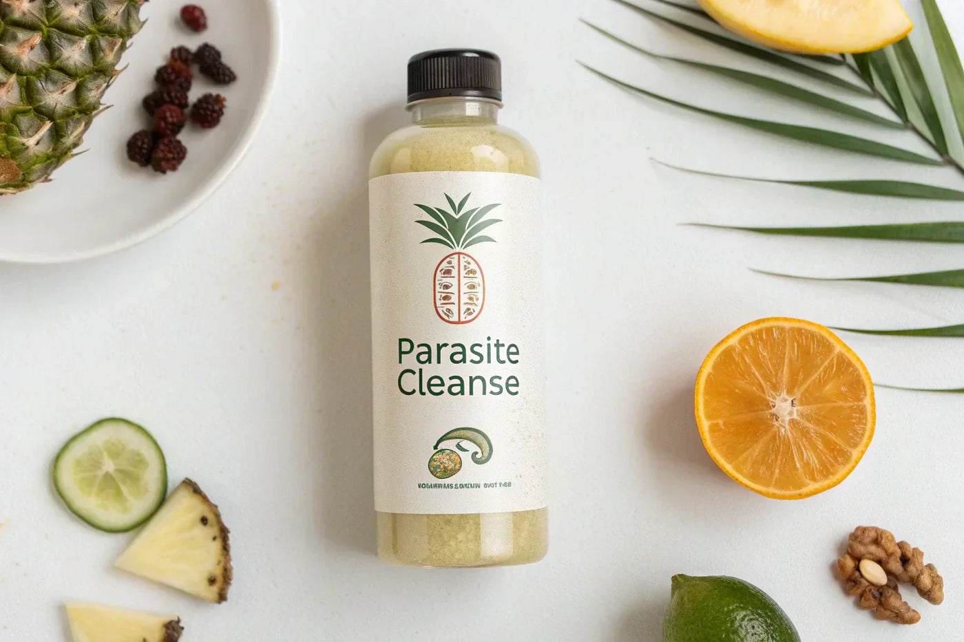 Parasite Cleanse herbal supplement bottle with fresh pineapple, citrus fruits, and nuts