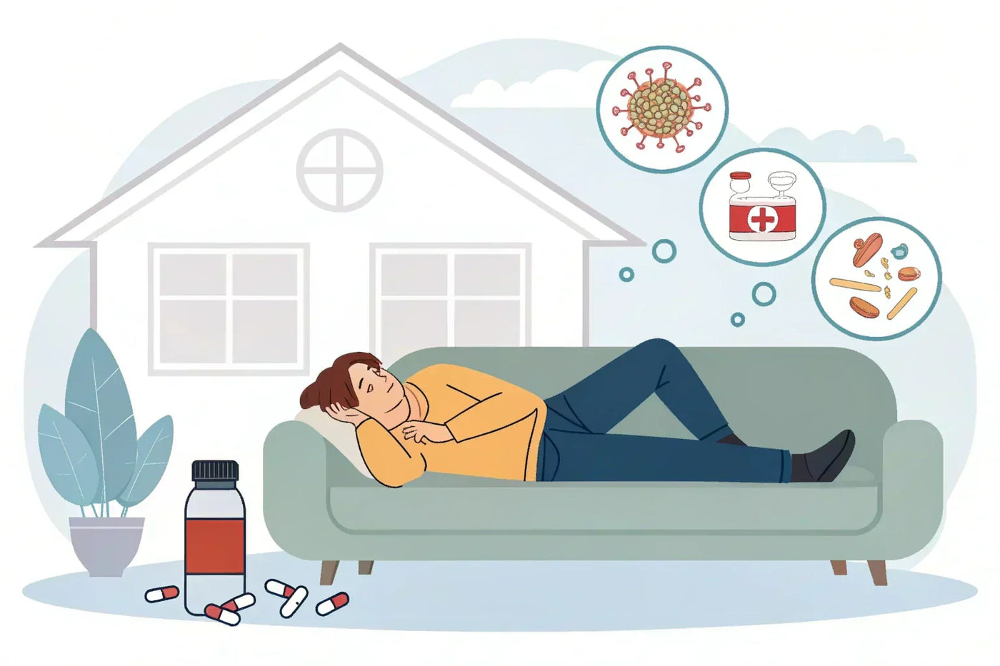 Person resting on couch during parasite die-off — managing Herxheimer reaction symptoms at home