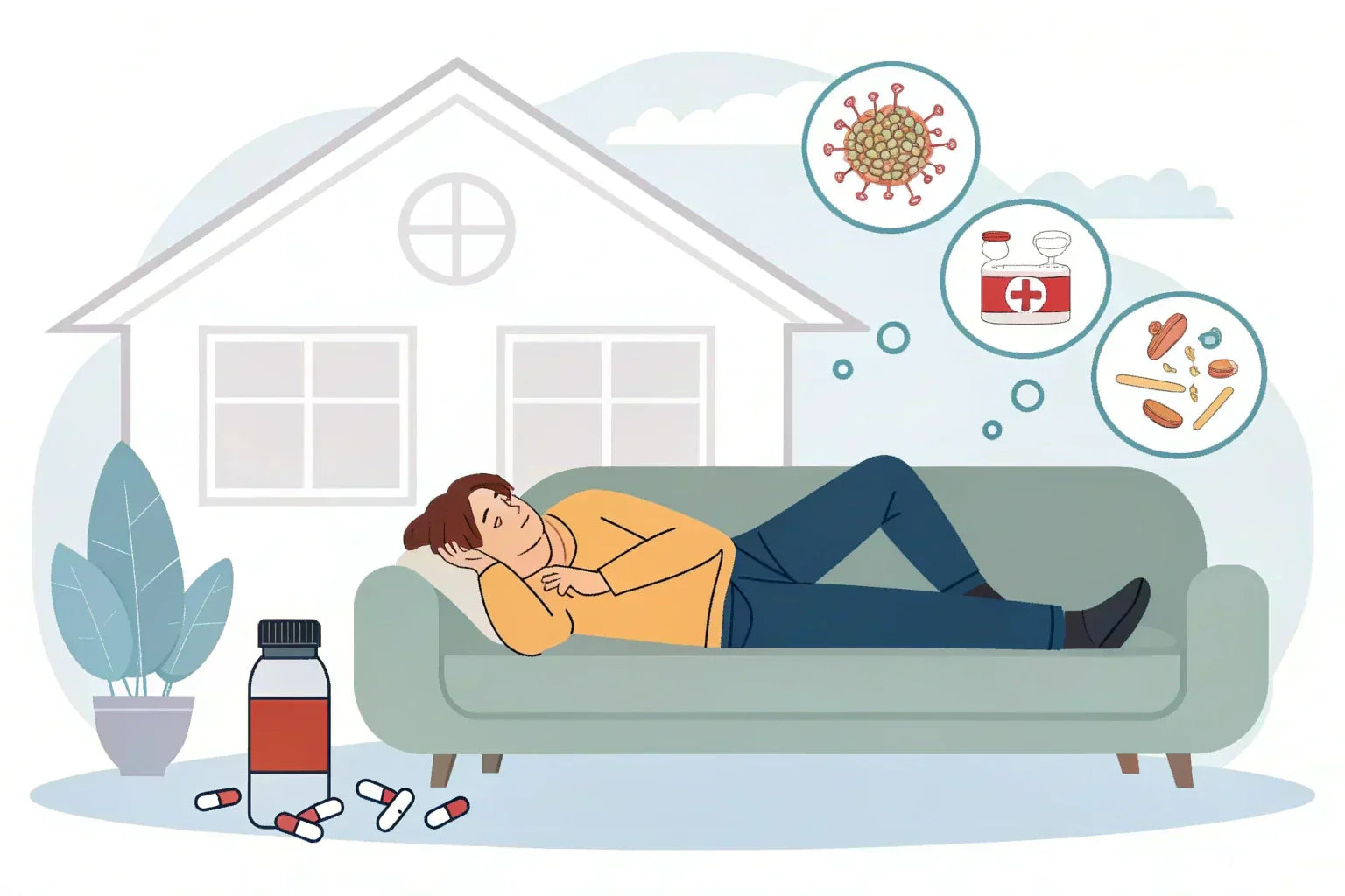 Person resting on couch during parasite die-off — managing Herxheimer reaction symptoms at home