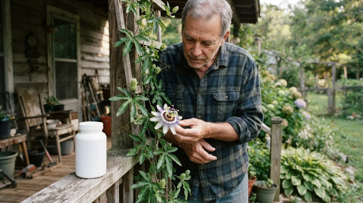 A man on his porch looking closely at a purple and white passionflower bloom