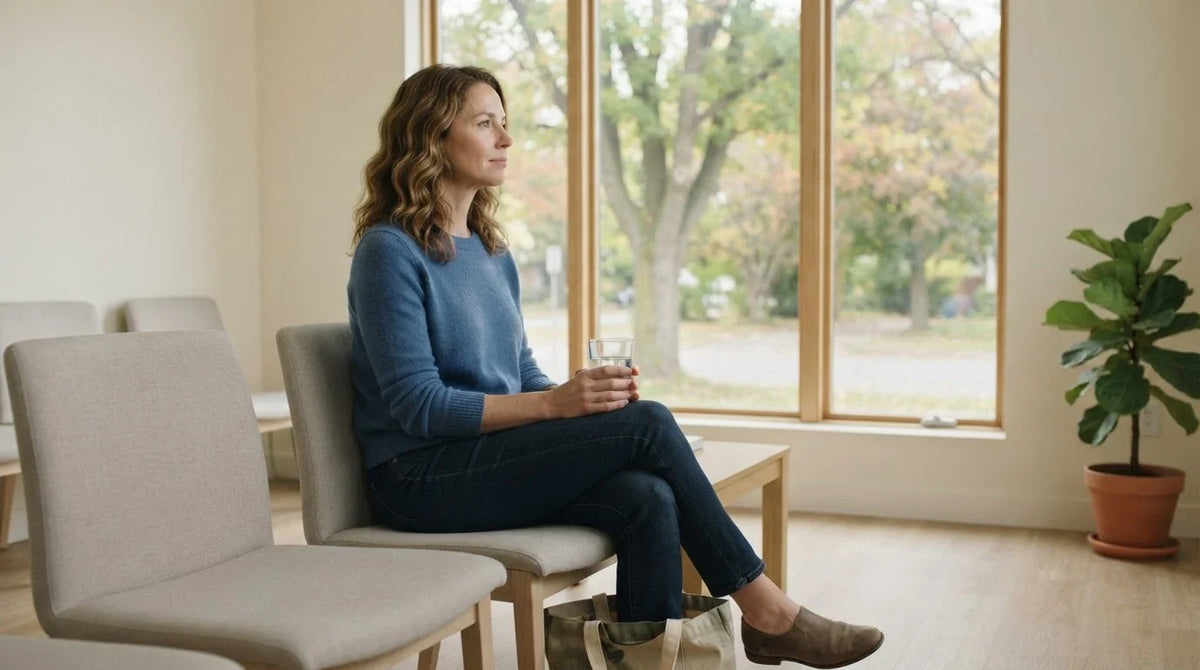 A calm woman holding a glass of water in a bright clinic waiting room