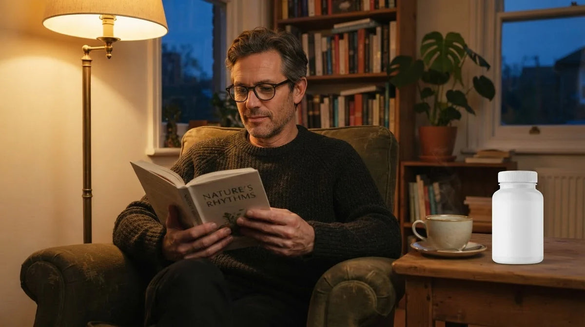 A man reading in an armchair at dusk with a cup of herbal tea