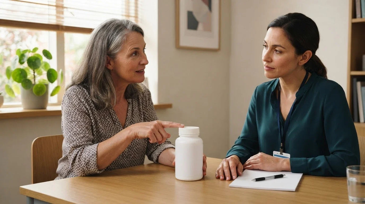 A woman asking a clinician about a plain supplement bottle on the desk