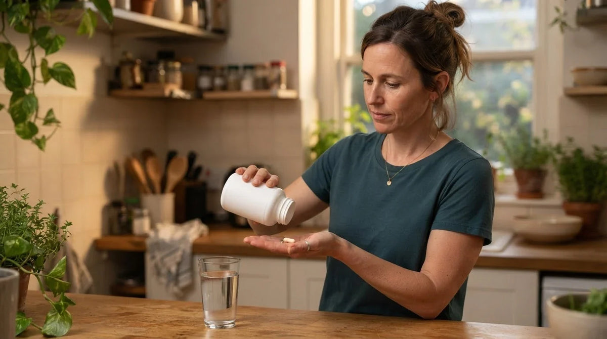 A woman tipping one capsule into her palm at the kitchen counter