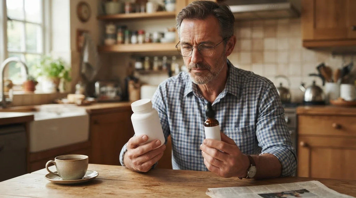 A man comparing a plain capsule bottle with a small amber tincture bottle