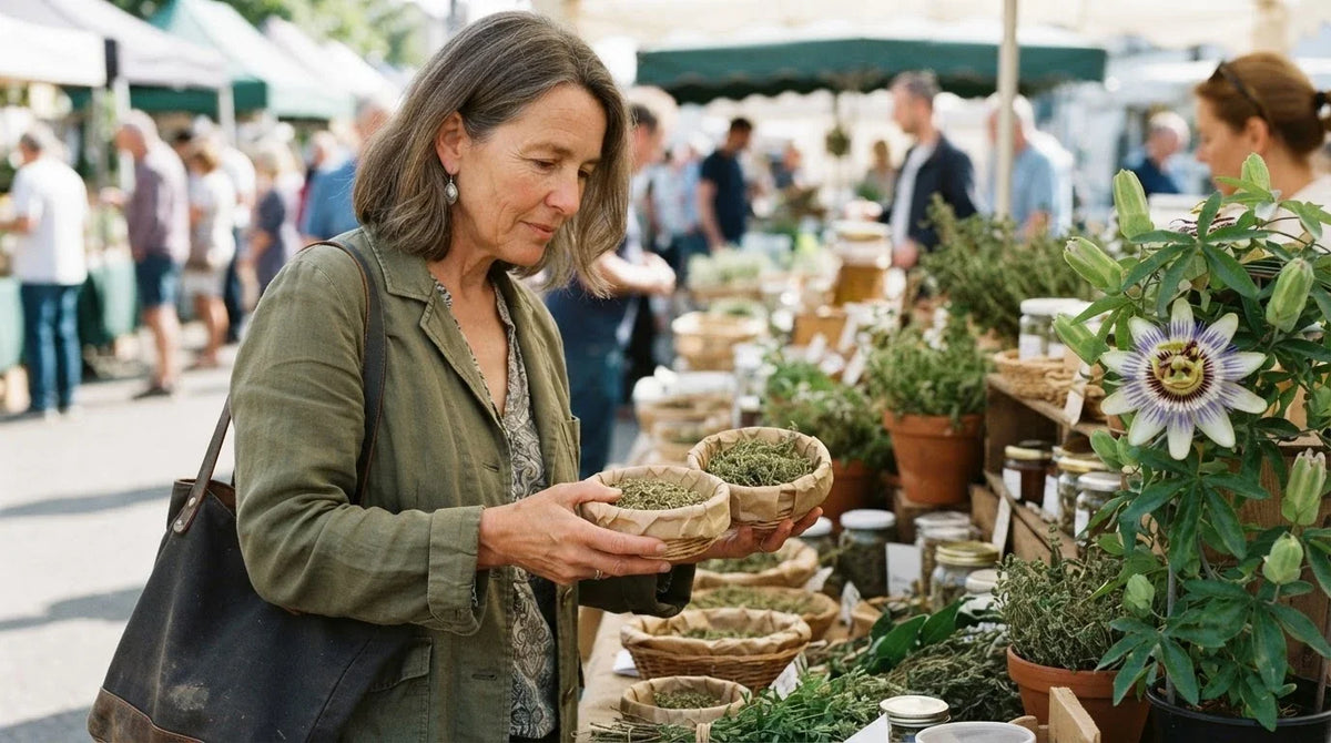 A woman comparing two baskets of dried herbs at a market stall