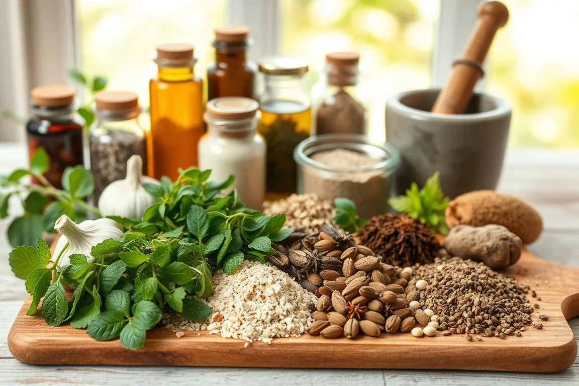 Fresh herbs, garlic, cloves, and spices on a cutting board — natural home remedies for parasite cleanse