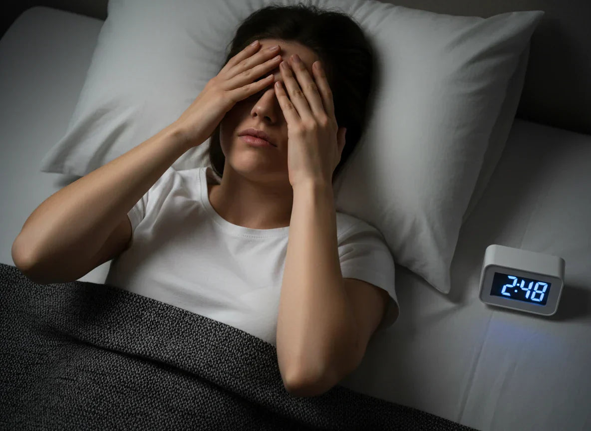Young woman awake in bed at 2:48 AM, hands over eyes, illustrating how poor sleep adrenal fatigue disrupts rest and leads to insomnia.